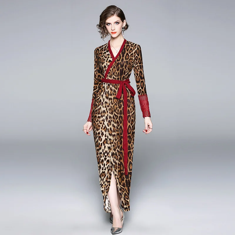 
European and American Women Fashion Red Lace Patchwork Open Stitch Sexy Leopard Maxi Dress 