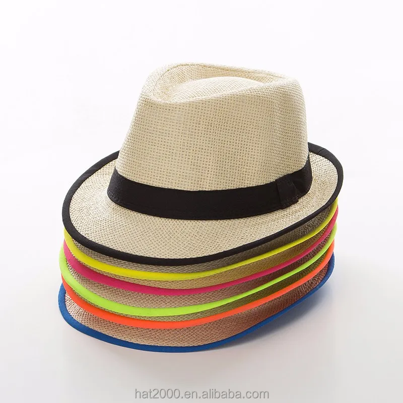 New Unisex Women Men Straw Summer Festival Beach Fedora Trilby Neon Ribbon Hat