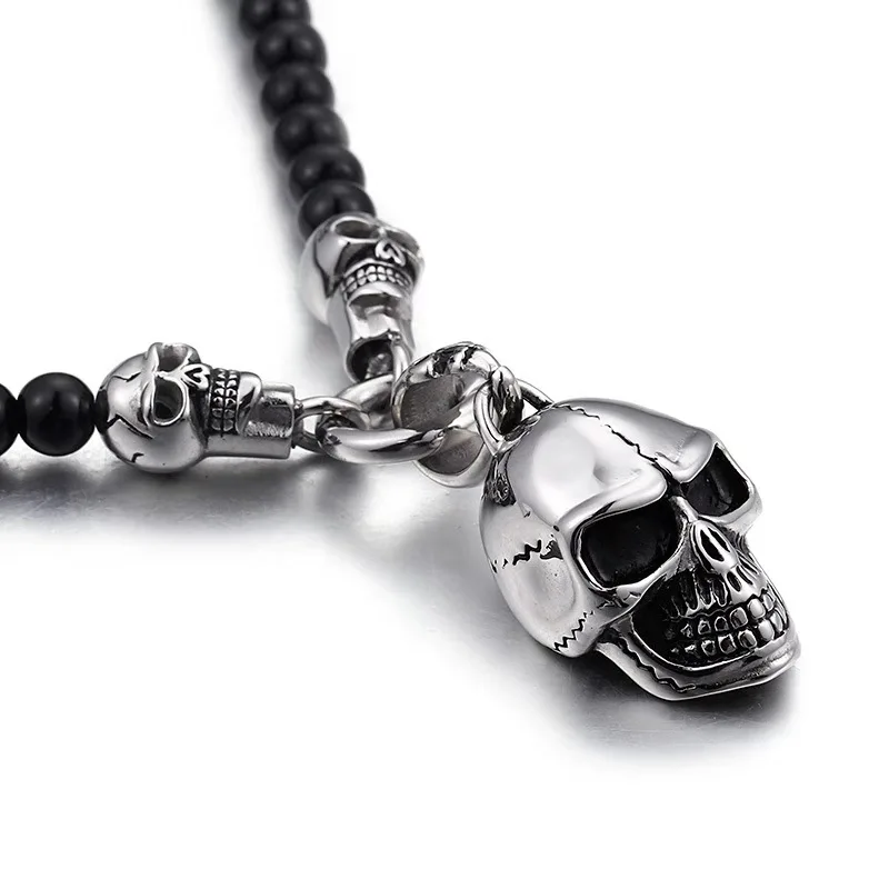YK Natural Stone Jewelry 8mm Black Onyx Beaded Stainless Steel Skull Head Necklace