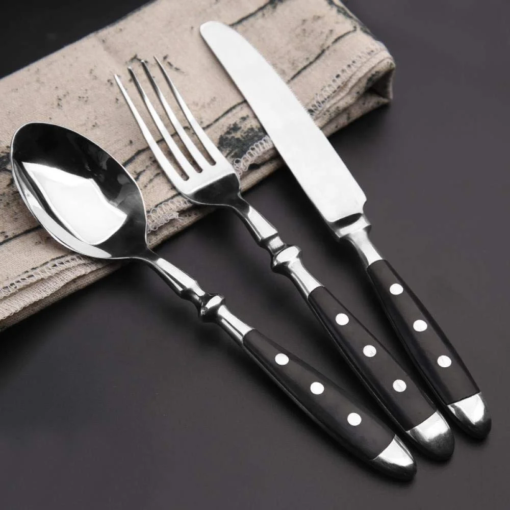 German besteck flatware black POM handle with 2 rivet cutlery set, stainless steel fork and spoon steak knife set 16pc