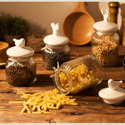 Rabbit Ceramic Lid Competitive Price Vertical stripes glass jars candy for mance Carton Package Glass Canister Jar