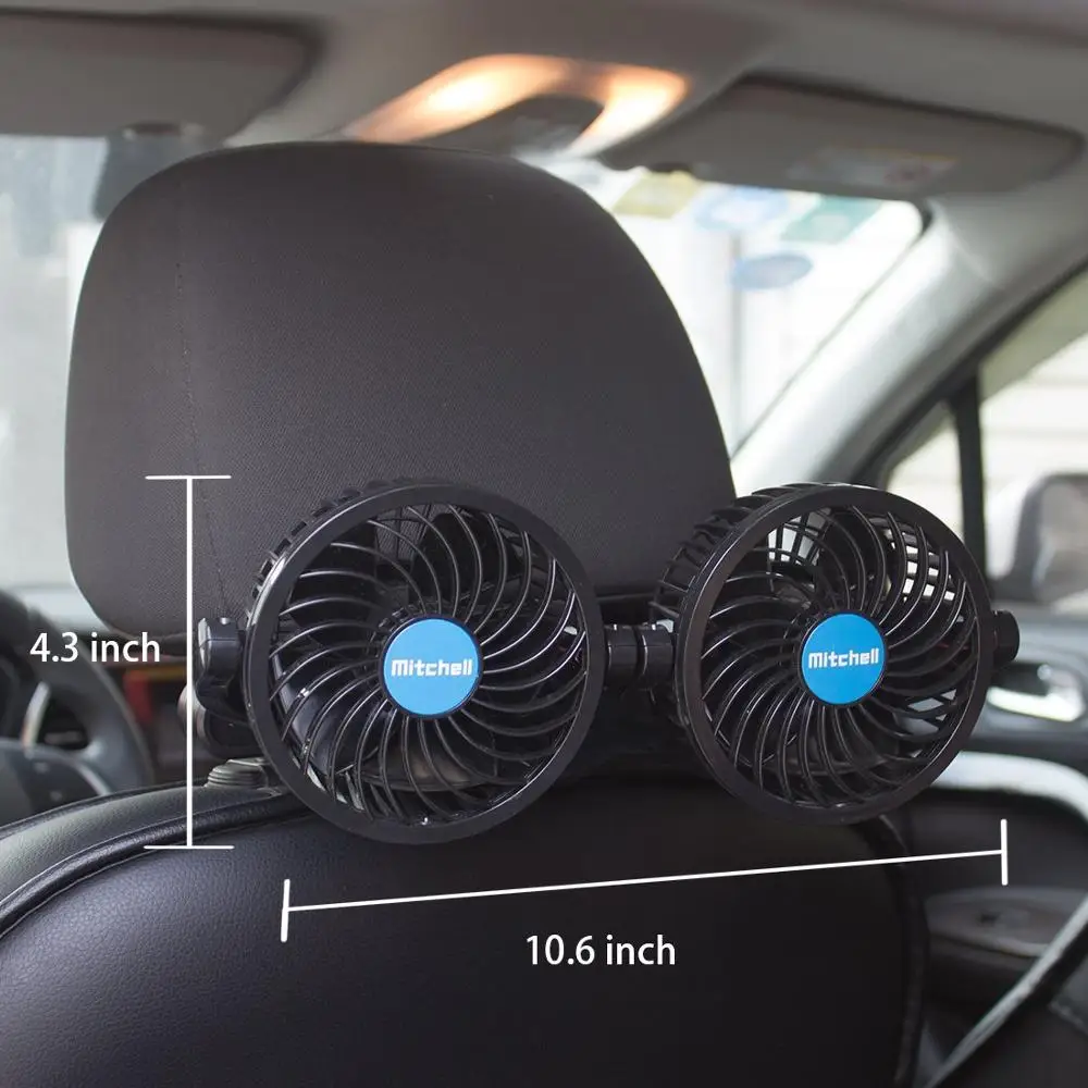 Car Fans,12V Electric Auto Cooling Fan, Headrest 360 Degree Rotatable Dual Head Stepless Speed Rear Seat Air Fan