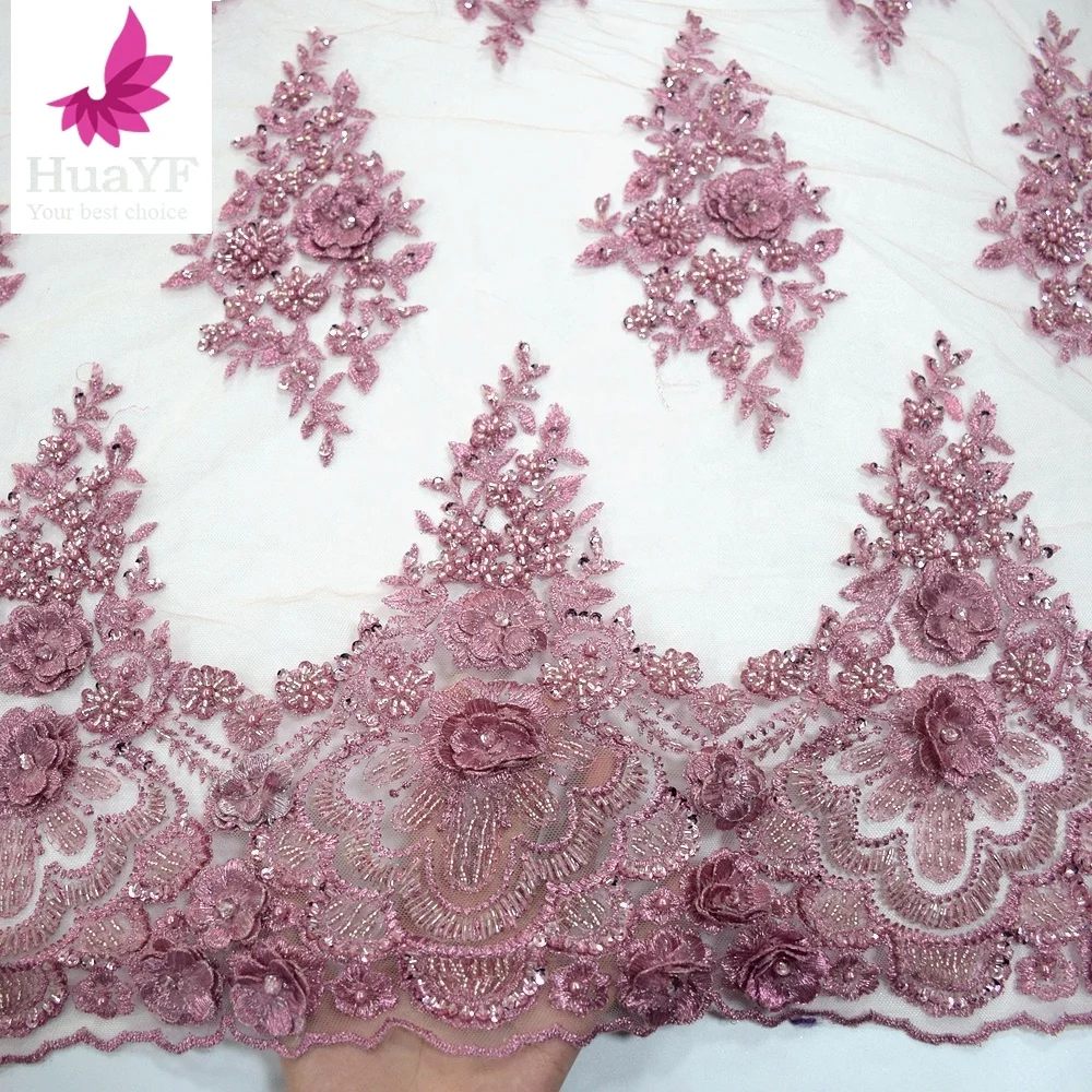 Latest products pink flower embroidery tulle fabric high quality bridal lace with beads fabric in market HY0993-1