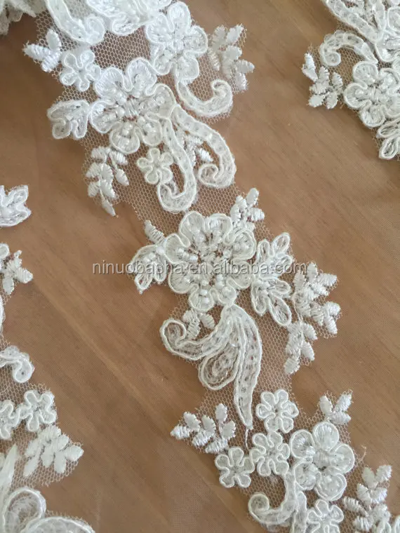 
NW1136 Exquisite Beaded Alencon Lace Trim , Bridal Veil Lace, Scallop Wedding Gown Lace Trim , Bridal Dress Straps 