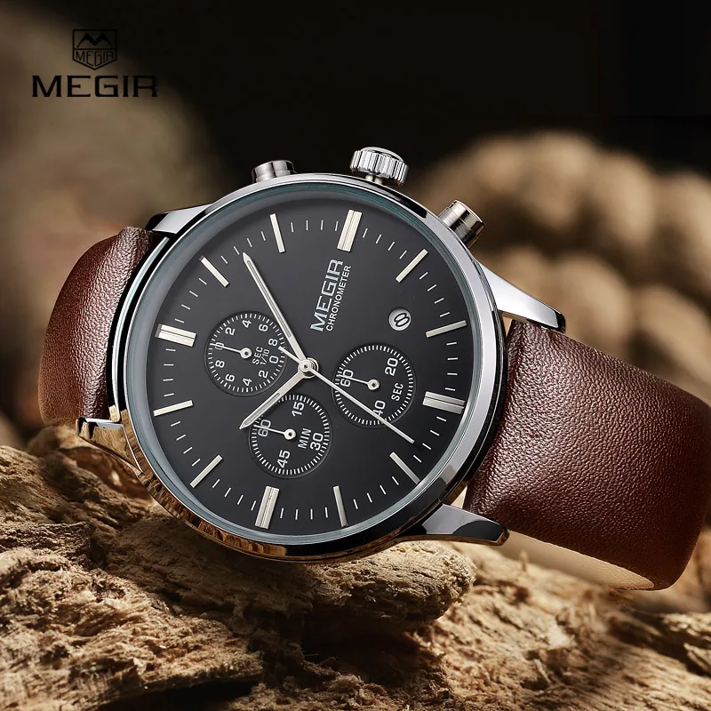 New Male Wrist Watches Business Date Chronograph Hour Clock Genuine Leather Strap Simple Quartz Men Luxury Megir 2011 Watch