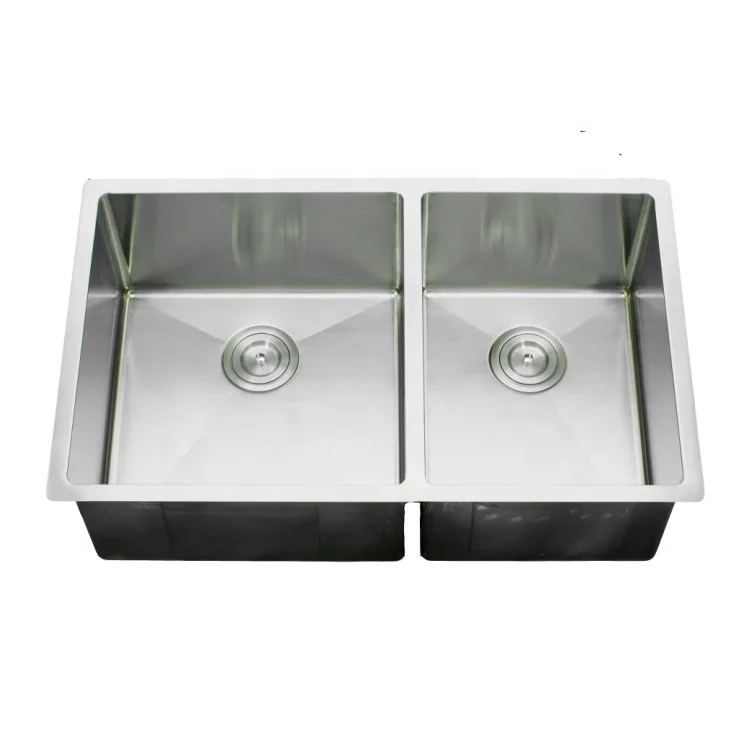 Small Radius Handcrafted Stainless Steel Kitchen Sink Offset Double Bowl 3219BL-RD