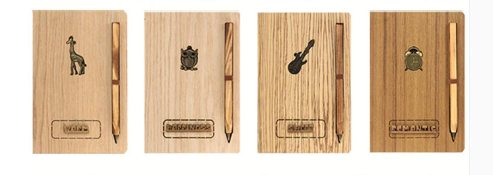KAII Vintage Wooden Cover Notebook Journals Diary Sketchbook Study Spiral Writing Notebooks With Pen Set