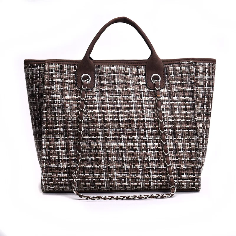Готово к отправке для женщин большой кошелек сумка через плечо на цепочке шерстяное твидовое Сумка-тоут Сумки из натуральной кожи
