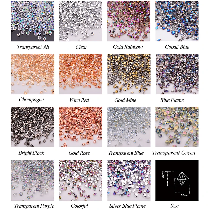 JUNAO 15 Color 1.2mm Gold Rainbow Mini Glass Nail Rhinestone Micro Strass Glitter Crystal Diamond Nail Art Decoration DIY