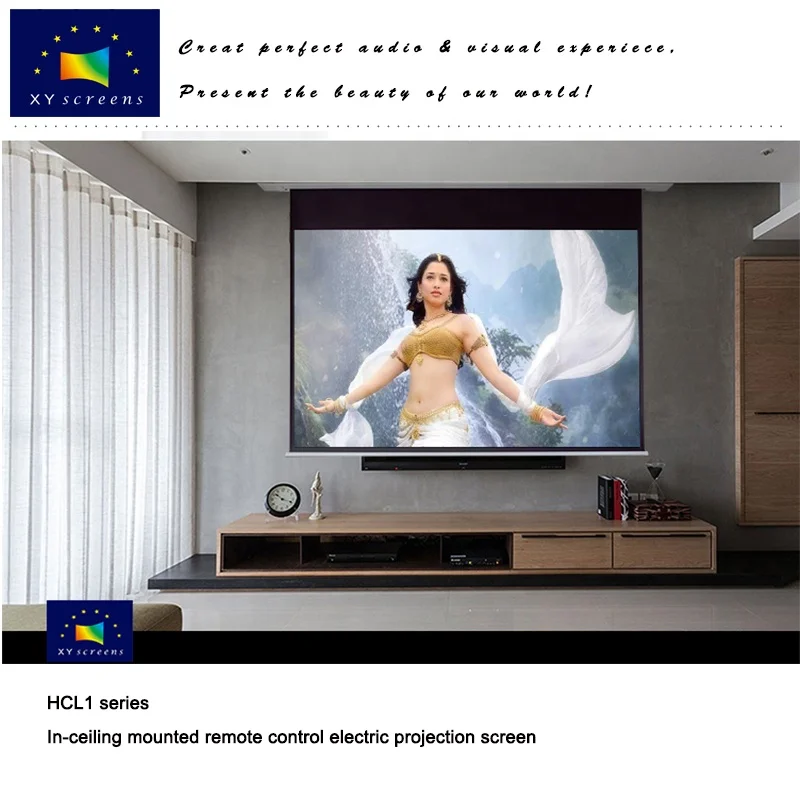 XY in ceiling recessed hidden 100 inch anti light alr motorized projector screen with black diamond fabric