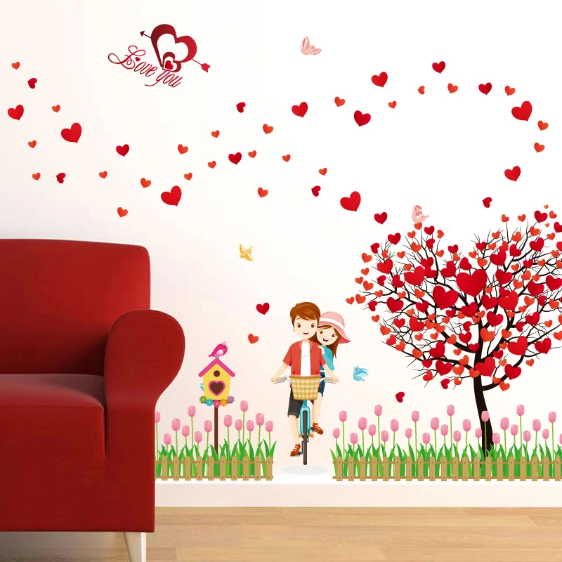SK9207 New design love tree red loving heart bicycle lover wall sticker home decorative removable