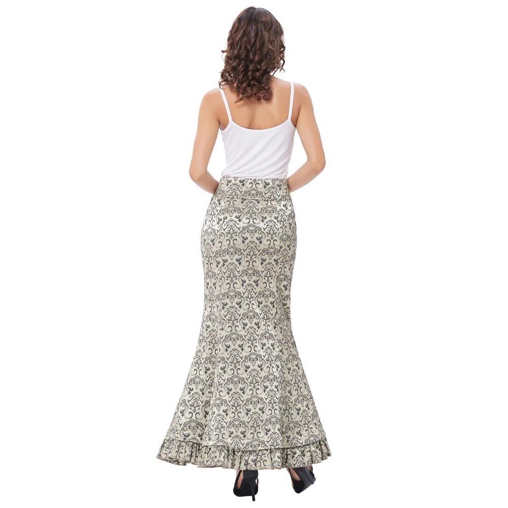 OEM Women Vintage Retro Victorian Style Ruffled Jacquard Fishtail Mermaid Long Maxi Skirt BP000204