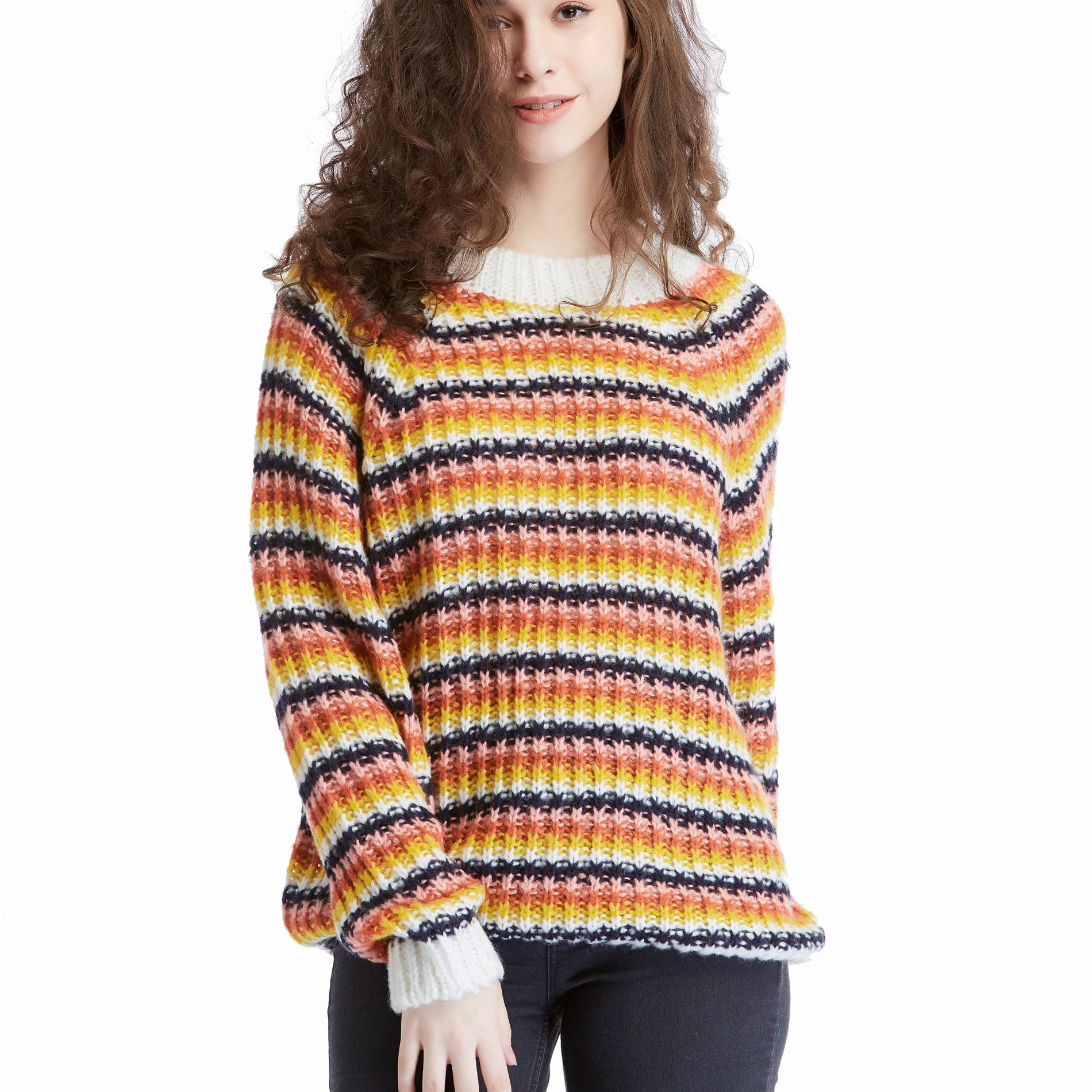 
Лидер продаж, оптовая продажа по индивидуальному заказу, Женский ребристый Радужный Свитер оверсайз с круглым вырезом и длинным рукавом, винтажный вязаный крупный уродливый свитер 