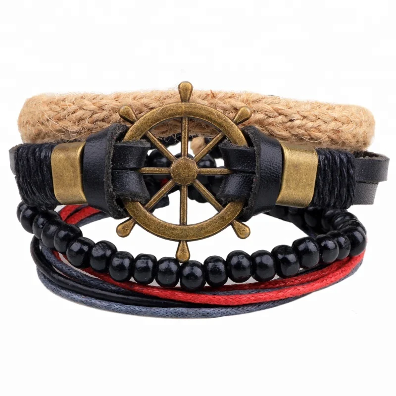 Nautical Rudder Charm Bracelet Leather Rope With Handmade Multiple Combination Leather Bracelet Set