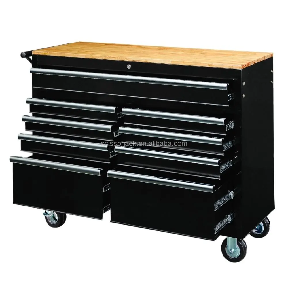 
46 in. 9 Drawer Mobile Workbench with Solid Wood Top 