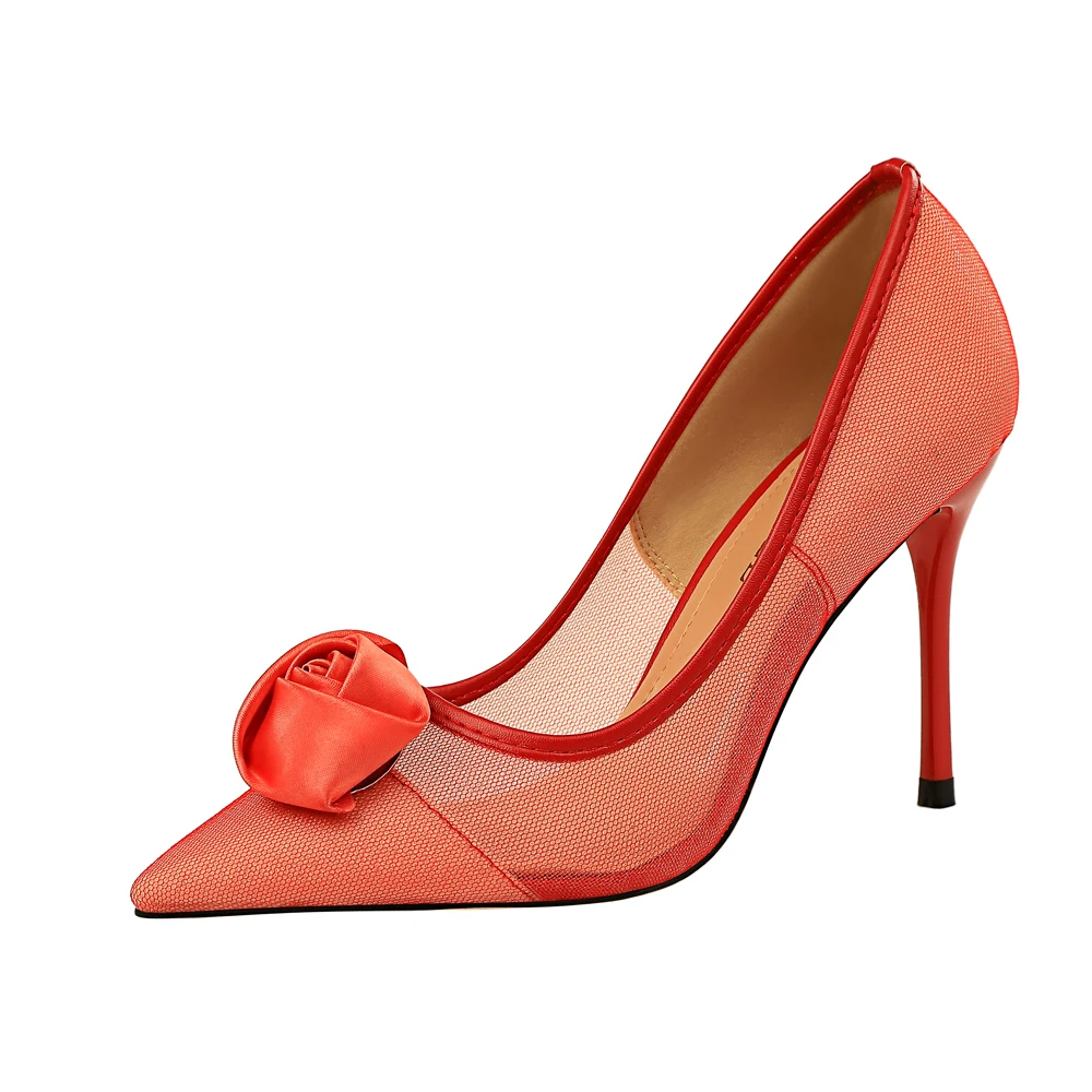 Женские туфли на высоком каблуке-шпильке, привлекательные атласные туфли с сетчатым верхом и розовыми цветами, обувь для ночного клуба, 1853-2