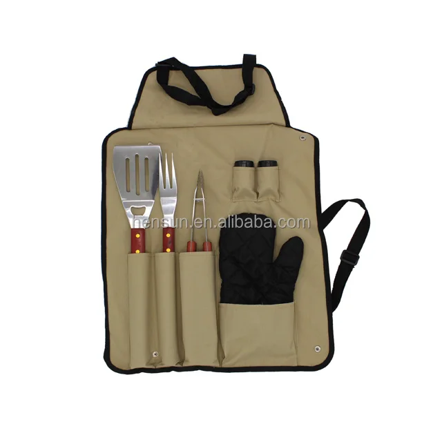 Chefs Kitchen 7-Piece BBQ Grill Tool Set With Apron and Utensil Set bbq tongs fork  custom logo
