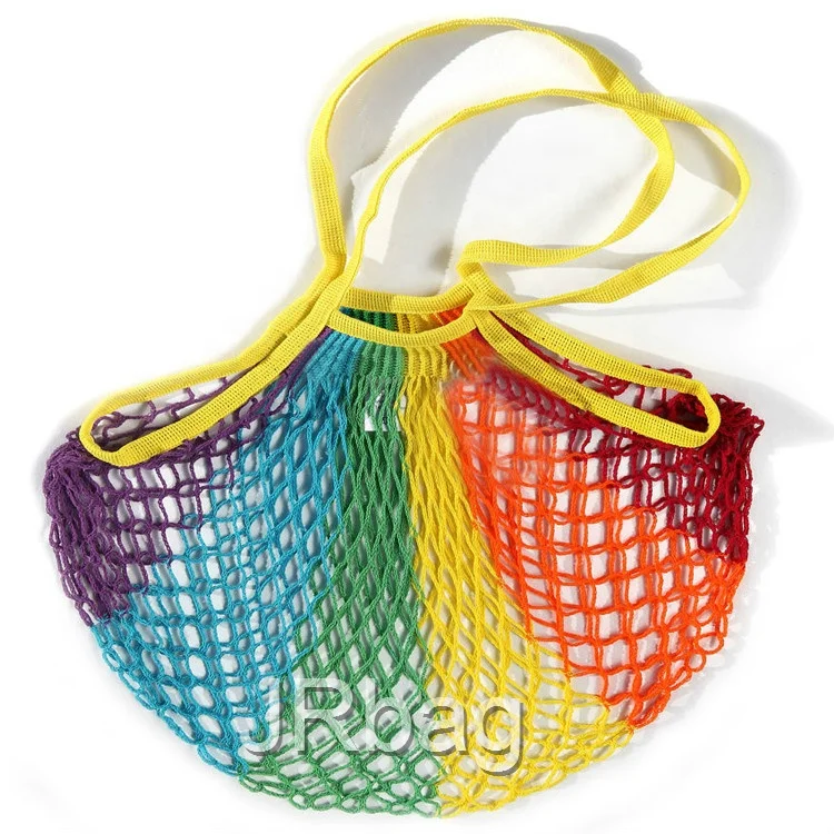 Manufacture Eco 100% Cotton French Style Rainbow Large Filter Shopping Storage String Market Mesh Net Bags with Shoulder Straps