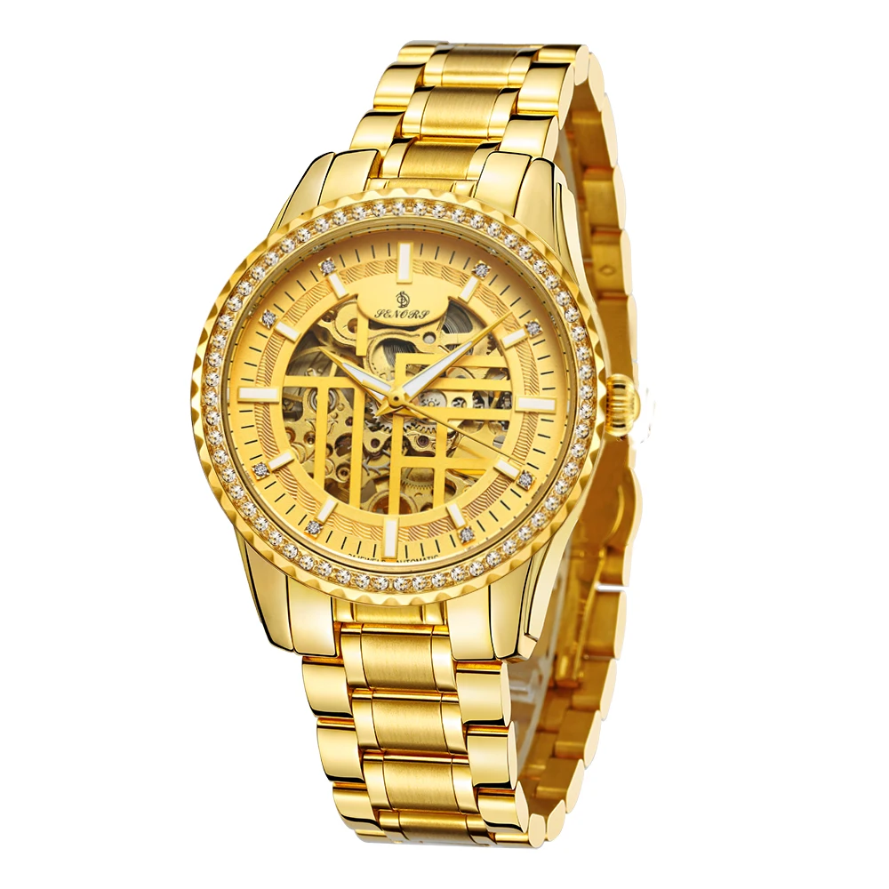 SENORS SN087 Luxury IP plating Custom Logo Watch Full Gold Automatic Skeleton Mechanical Male Wrist Watch 3 ATM Waterproof