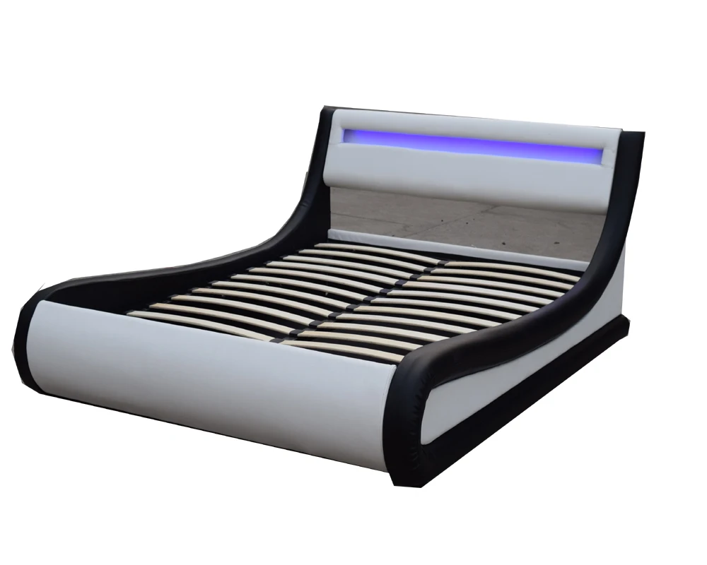 Modern LED Music Bed Curved Shape Upholstered PU Leather Bluetooth Wooden Frame Lighted Headboard Bed Latest Style Plywood Bed