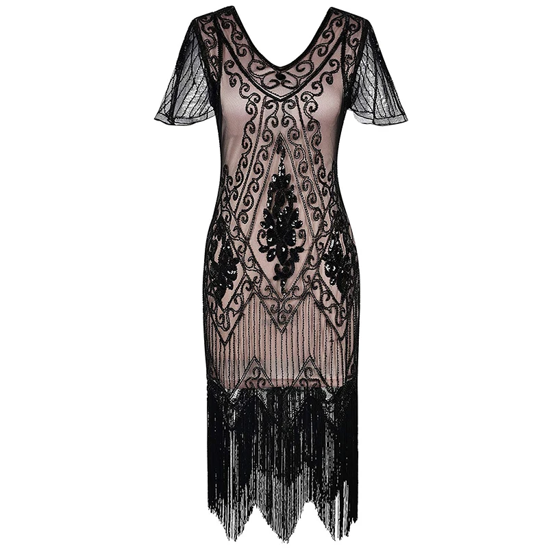 Wholesale short sleeves high quality sequined gatsby women fashion beaded  evening dress