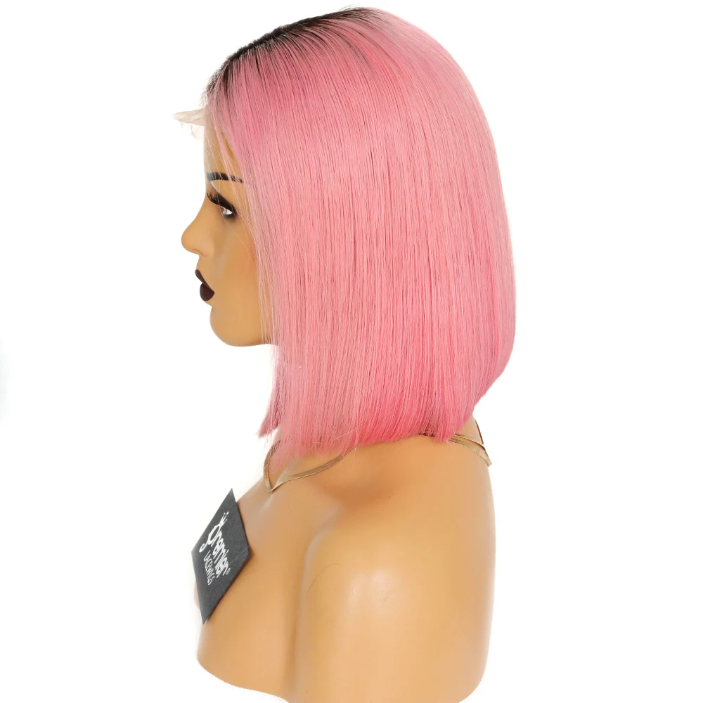Ready to Ship  Virgin Brazilian Remy Human Hair Ombre natural to pink color Bob Cut pink lace wig Lace Frontal Wig