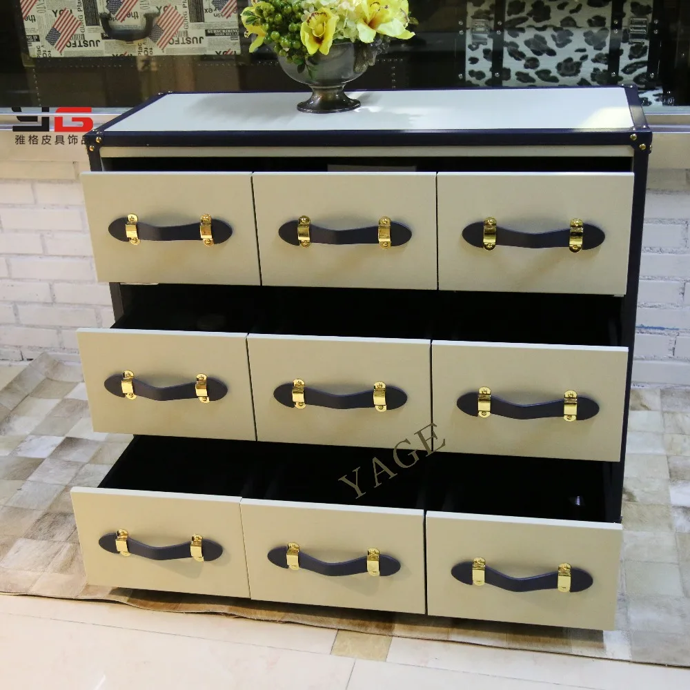 China factory direct hot sale classic wood leather cabinet with 9 DRAWERS