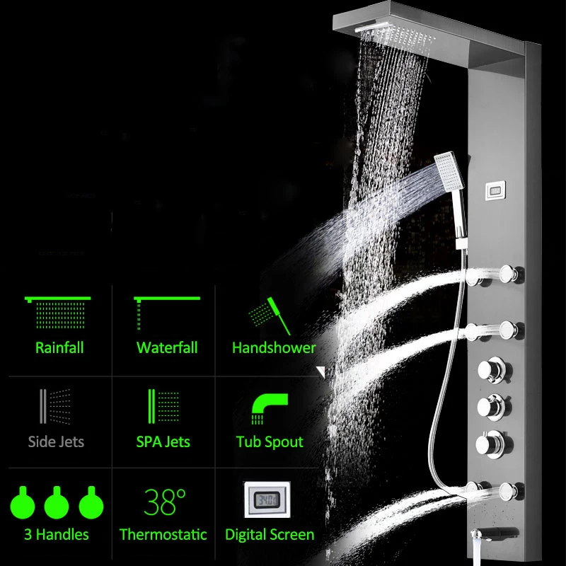Thermostatic Waterfall Rain Shower Column Panel Jets Sprayer Hand Tub Mixer Tap