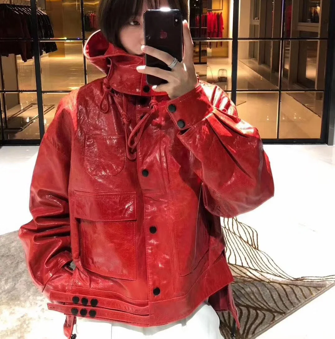 2021 New Red Color Bomber Jacket Outwear Casual Genuine Leather Windbreak Trench Coat Wax Sheepskin Leather Jacket for Women