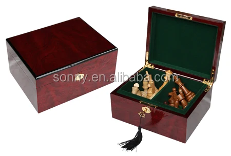 Dongguan Manufactured Walnut Glossy Painted Wood Chess Pieces Storage Box