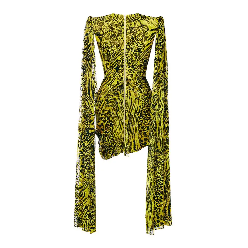 Neon Green  long sleeve Leopard Print Chiffon Fashion Mini Dress Women Summer Clothing Party Dresses with Asymmetrical hem
