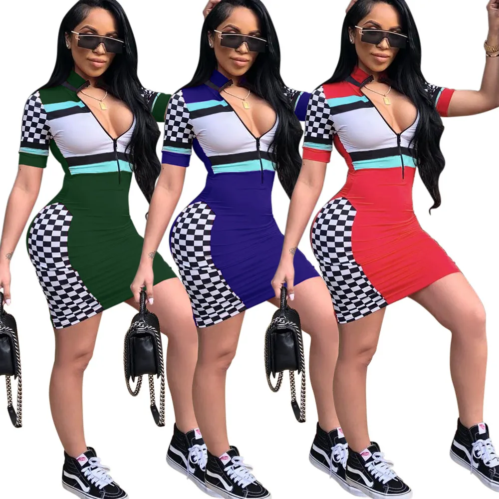 
Ready to ship OEM ODM WA8555 sexy short sleeve sheath zipper front checkered cheerleader dresses 