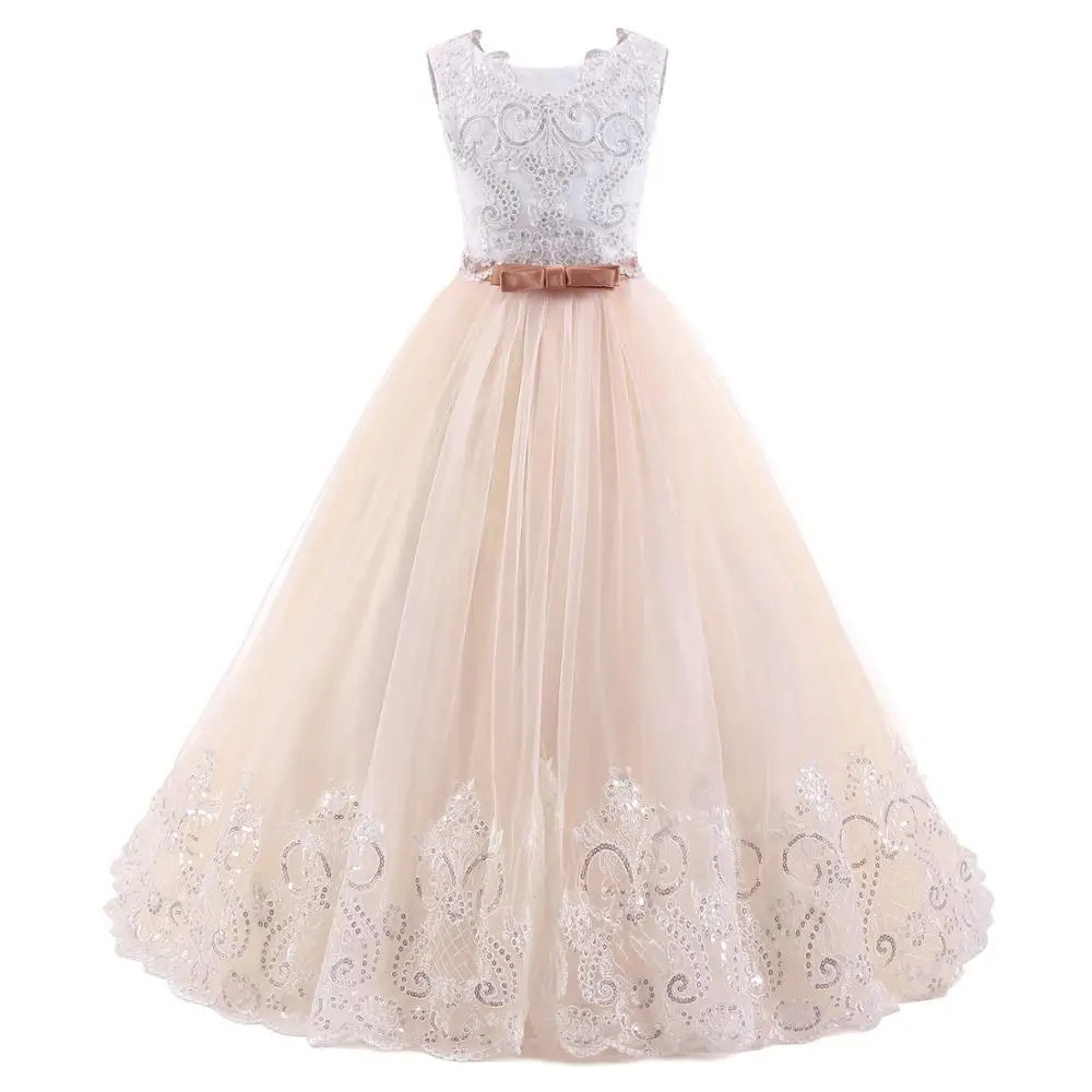 Fashion Embroidery Lace Floral Belt Kids Girls Party Dress