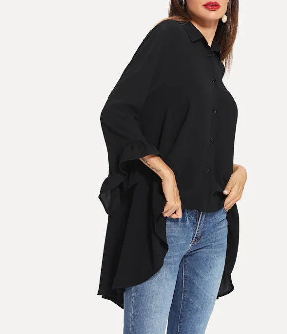 Special cutting ladies ruffle French cuff high low three quarter 3/4 length sleeve shirts for mature women tops and blouses