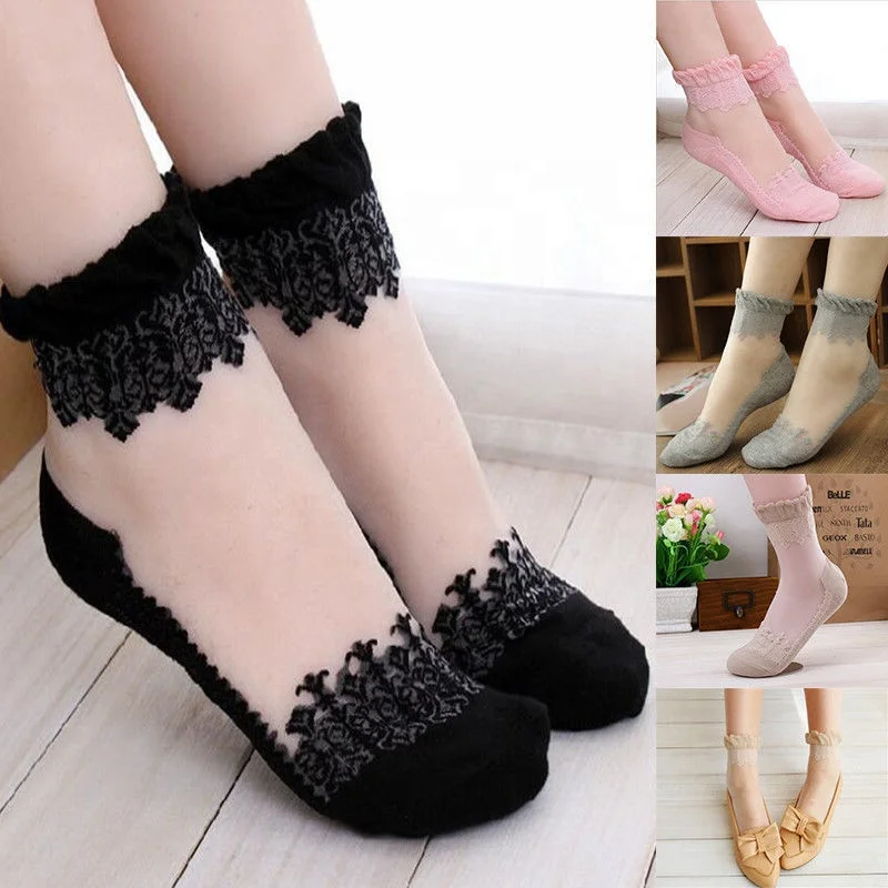 New Women Cute socks Ultrathin Transparent Beautiful Crystal Silk Lace Elastic Ankle Sock Women Girls Summer Short Socks