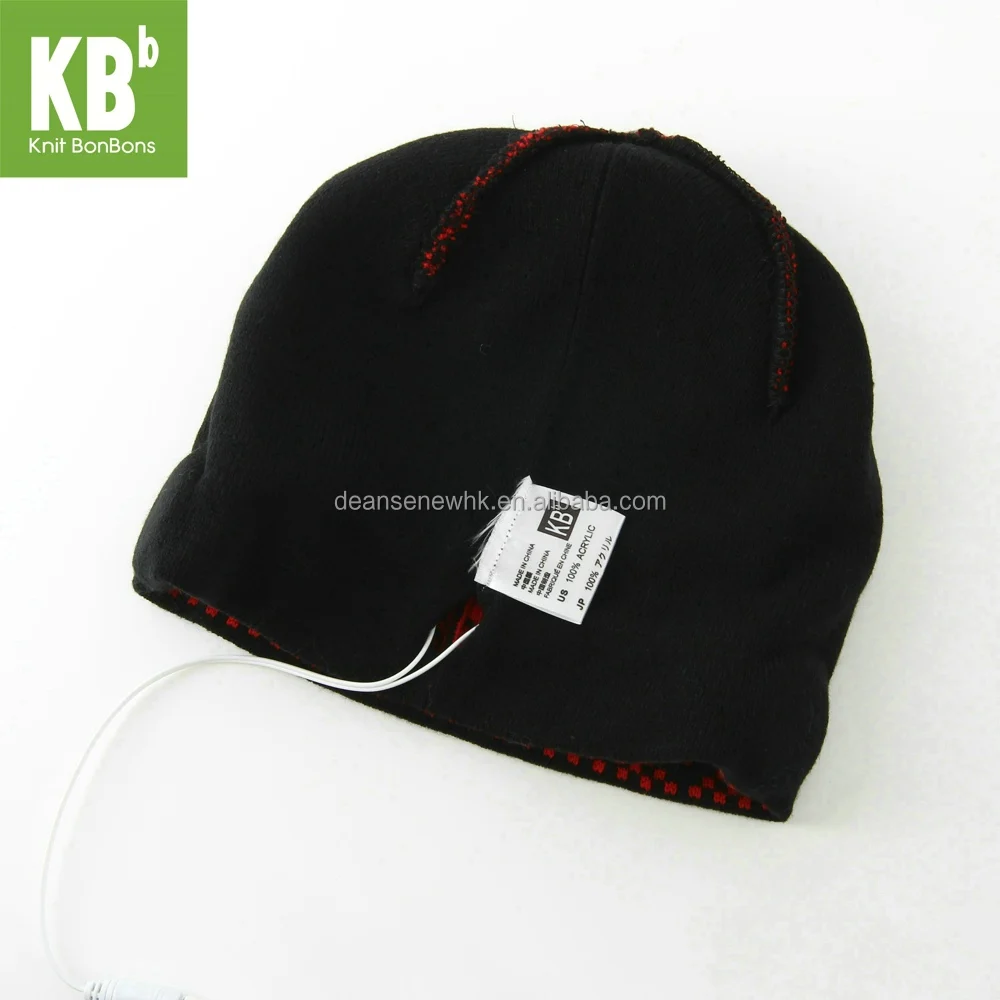 New Customize Handmade 100% Acrylic Geometric Thick Fall Winter Warm Unisex Teen Red Knit wired headphone Music Beanie Hat