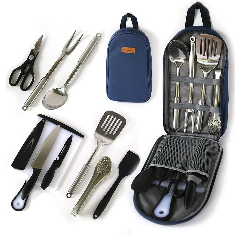 
Black outdoor camping kitchen utensil set cutlery 8 piece set portable cookware barbecue tool set 