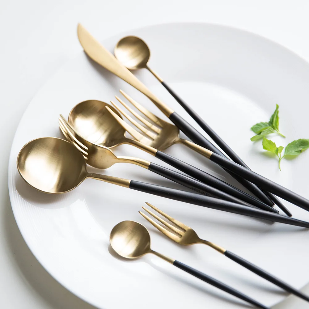 
30% OFF Discount Inexpens 18/10 Stainless steel cutipol cutlery with PVD gold black coating flatware set 