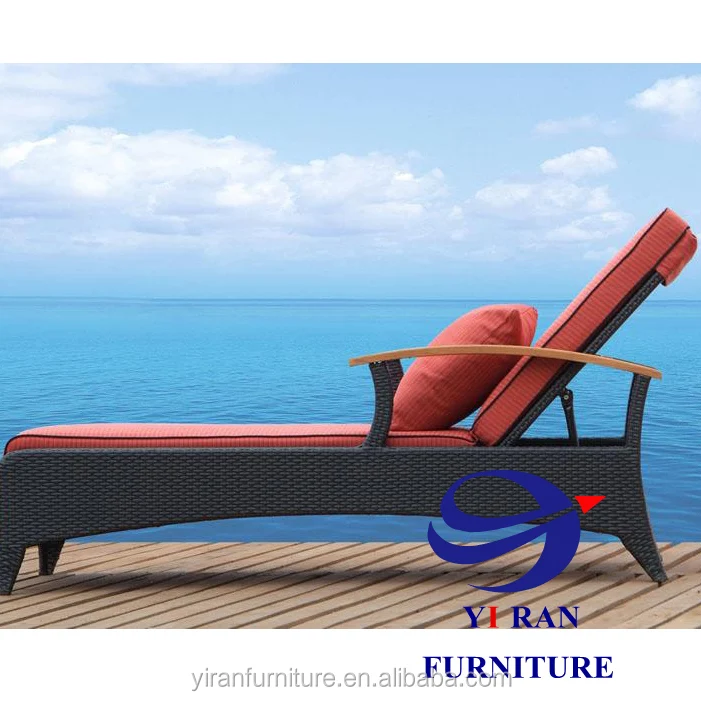 Swimming pool rattan lounge chair with small coffee table teak armrest hot sale outdoor rattan furniture