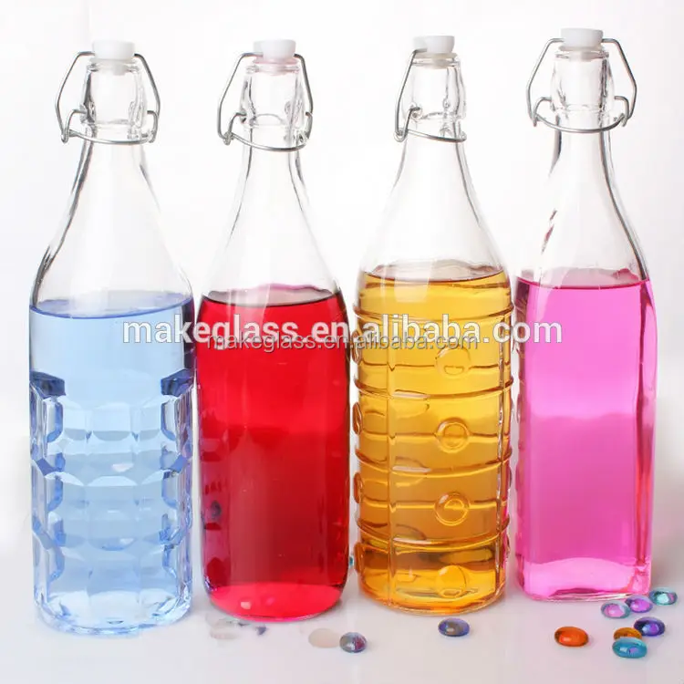 food grade round color glass bottle with clip swing plastic lid lid , glass storage bottle for beer and juice