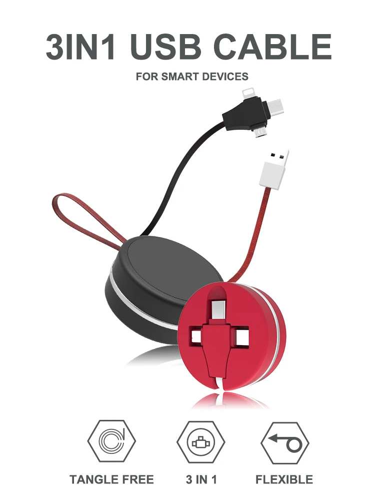 Portable Short Pocket Size Multi Charging Cable 8 pin Type C Micro USB 3 in 1 Charging Cord Keychain for Gift