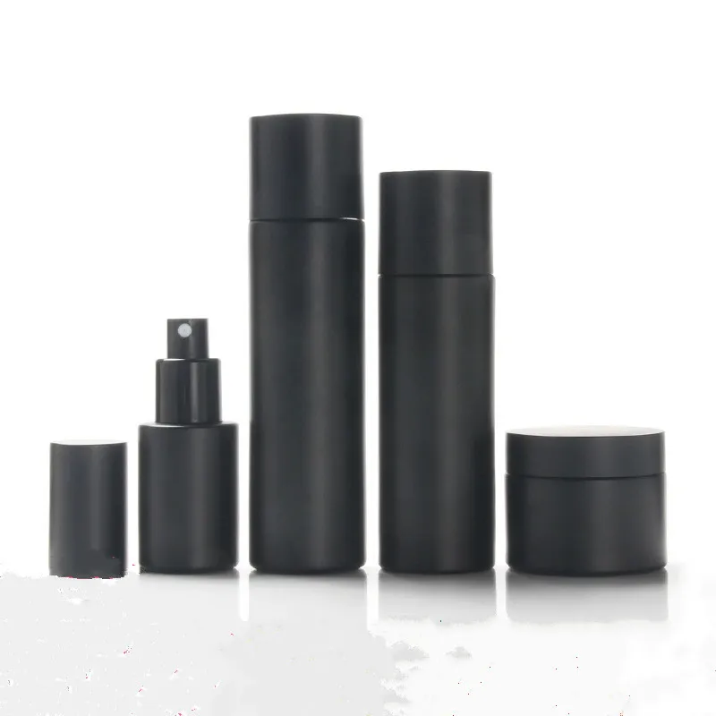 OEM ODM Frosted black cosmetic jar set glass bottle skin care packaging container