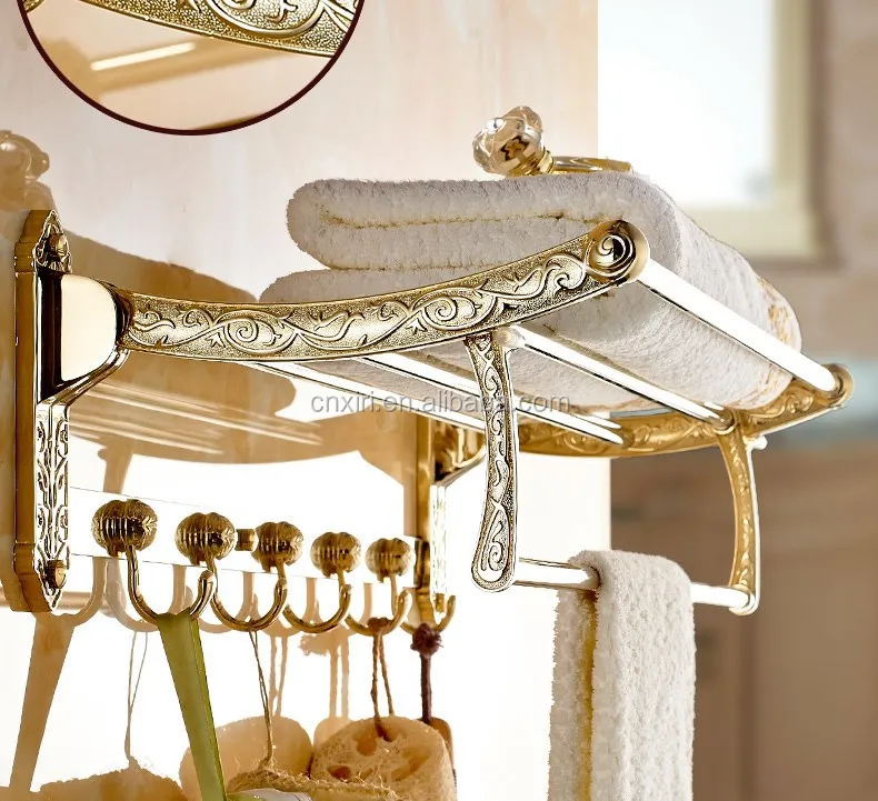 Brass gold plating bathroom folding towel racks with hooks