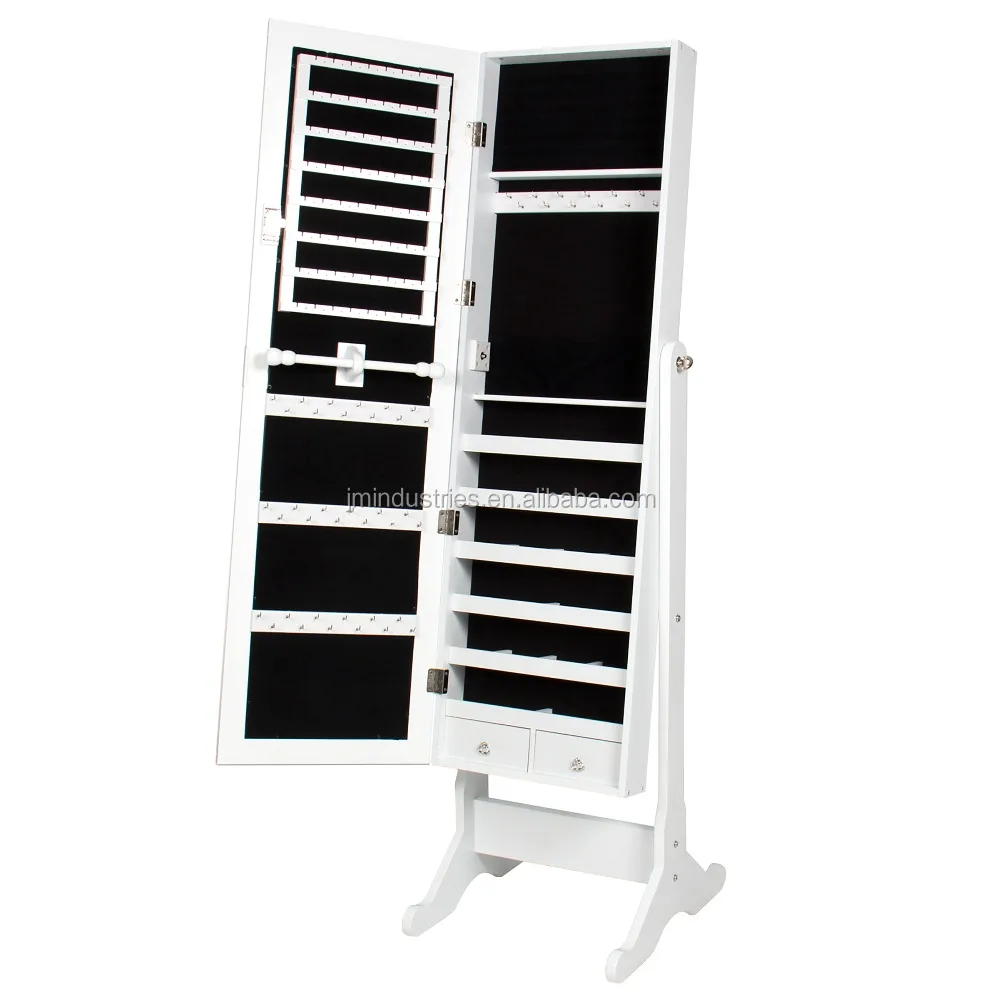 W Stand White Mirrored Jewelry Cabinet Armoire