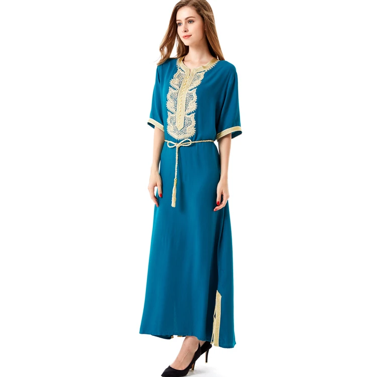 A3320 Women malaysia muslim moroccan embroidery short sleeve caftan abaya jilbab