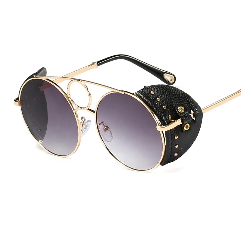 Солнцезащитные очки в стиле стимпанк для мужчин и женщин, винтажные модные круглые, с кожаным боковым покрытием, брендовые дизайнерские