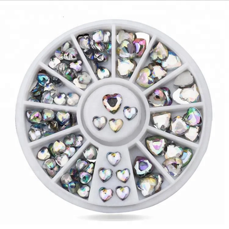 Mixed Size White AB Flat Back Nail Art Heart Acrylic Rhinestone Decoration Stickers With Wheel Box