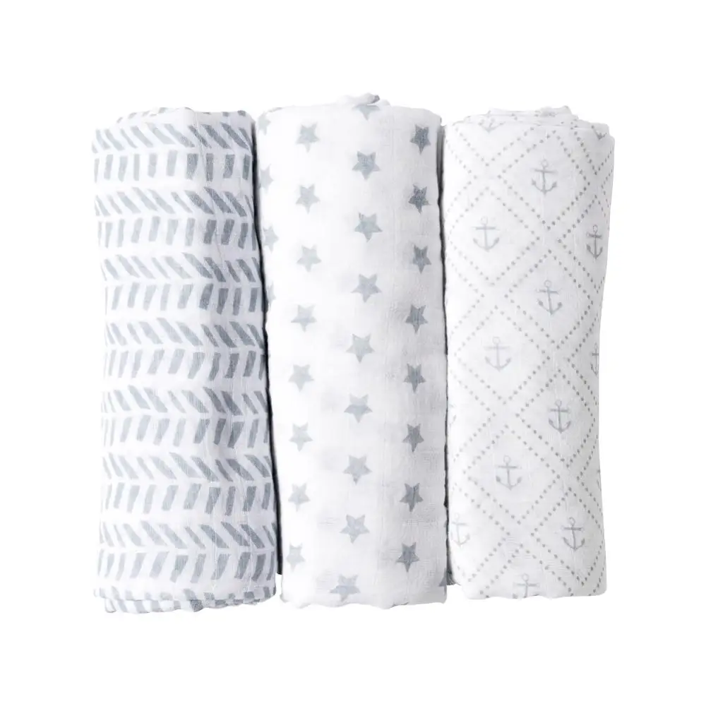 
100%Cotton Material and 110gsm Weight combed cotton 3pcs box baby muslin swaddle blanket wrap baby receiving blanket 