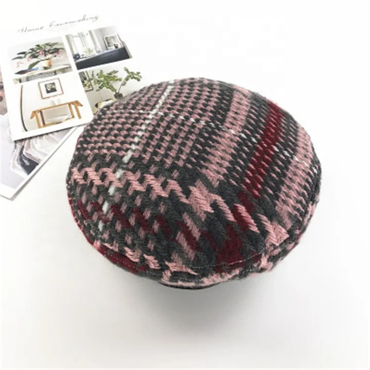 Winter High Quality Vintage Plaid Wool Stitching Check Ladies Army Beret