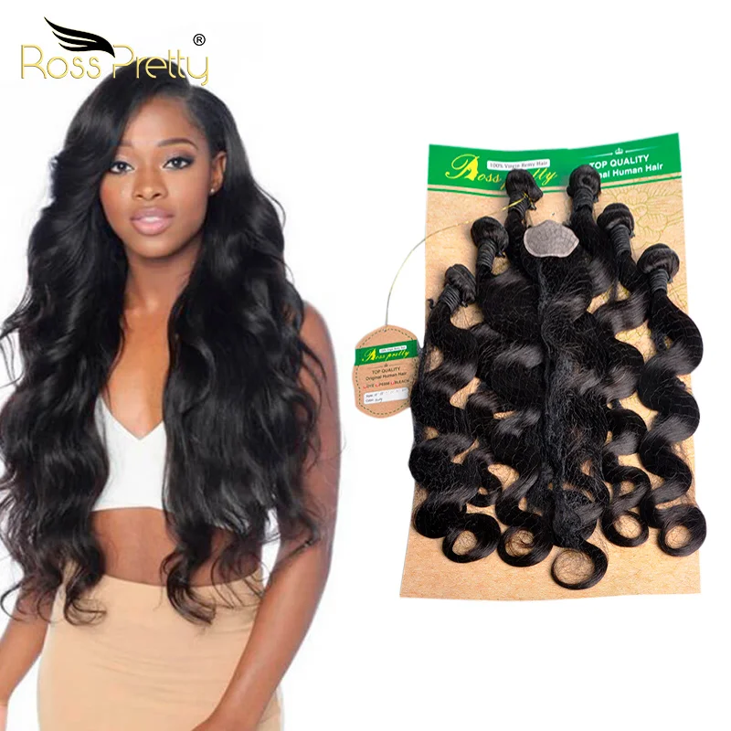 Ross Pretty Unprocessed Virgin Human Hair Hair Bundle Set with Closure Body Wave  Hair Weave with 4x4 Closure
